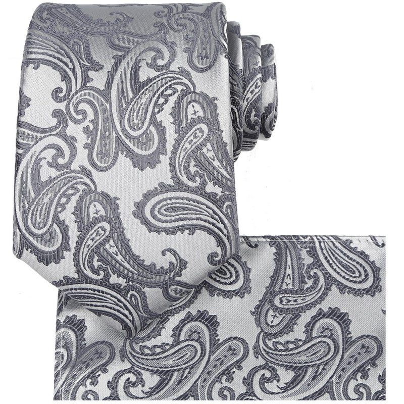 KissTies Mens 63'' XL Extra Long Tie Set Silver Gray Paisley Necktie Hanky + Gift Box - Image 1